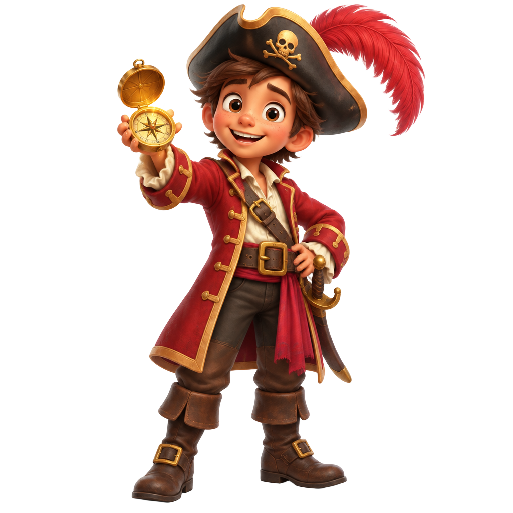Captain Quill, Brave Navigator, holding the Treasure Compass