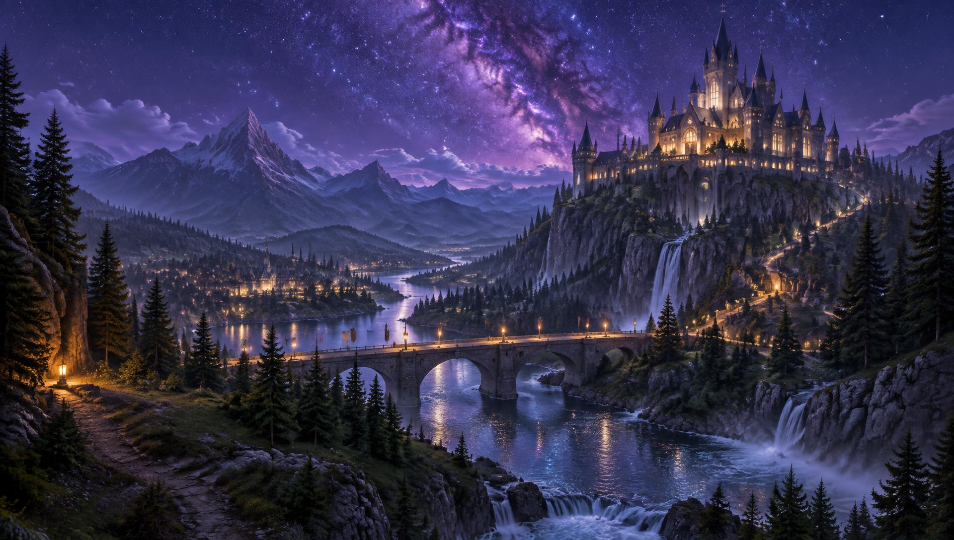 Glowing castle on a hill under a starry night sky