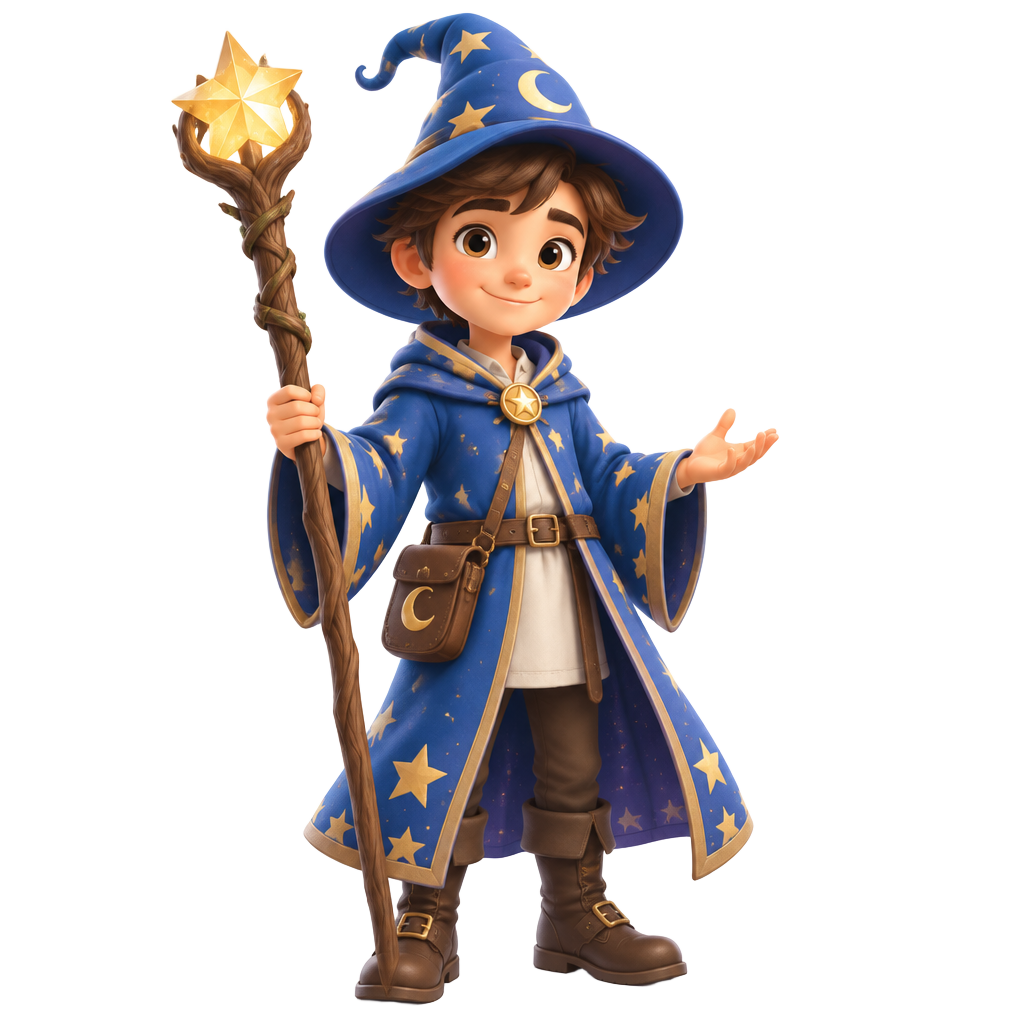 Zarn, Curious Wizard, holding the Star Staff
